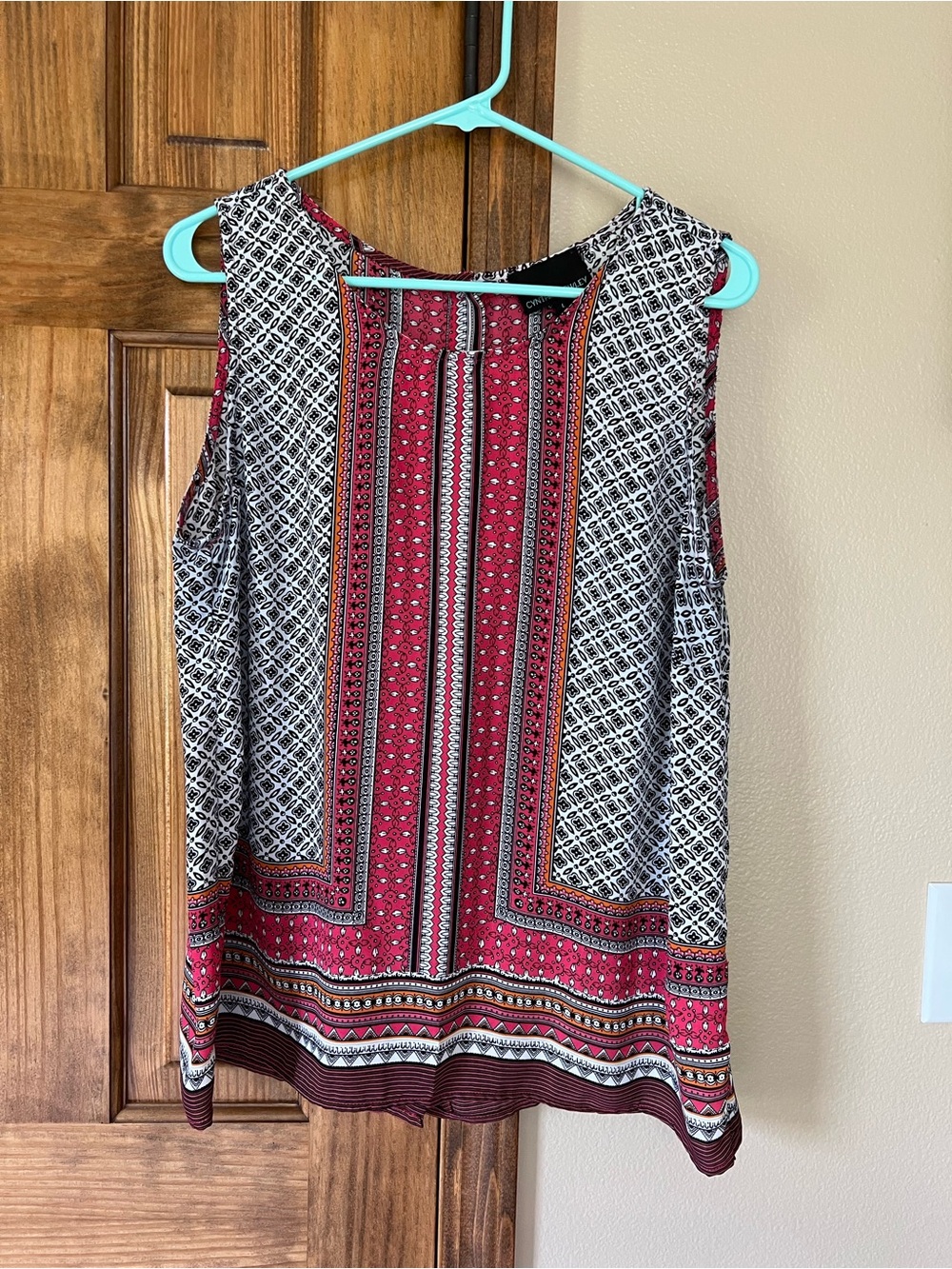 Cynthia Rowley Red and Black Printed Sleeveless Blouse with Button Back Detail